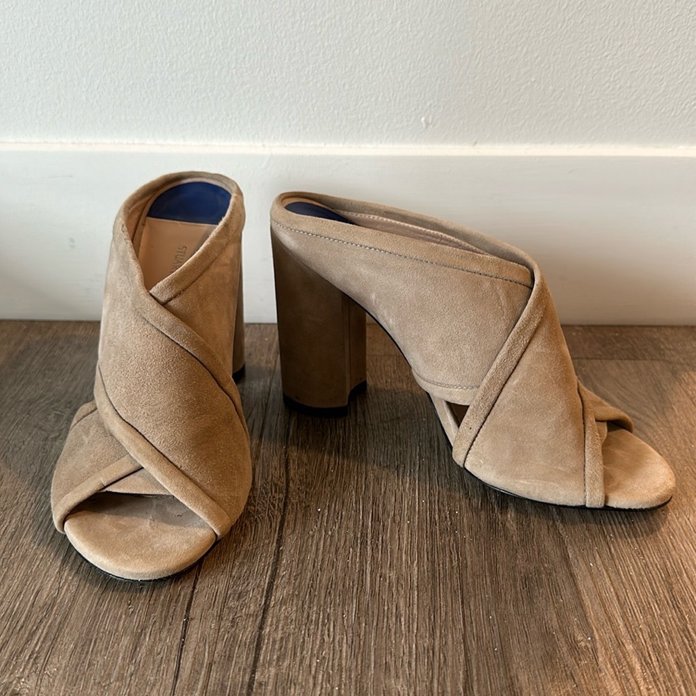 Stuart Weitzman Galene Beige Suede Criss Cross Block Heel Mules